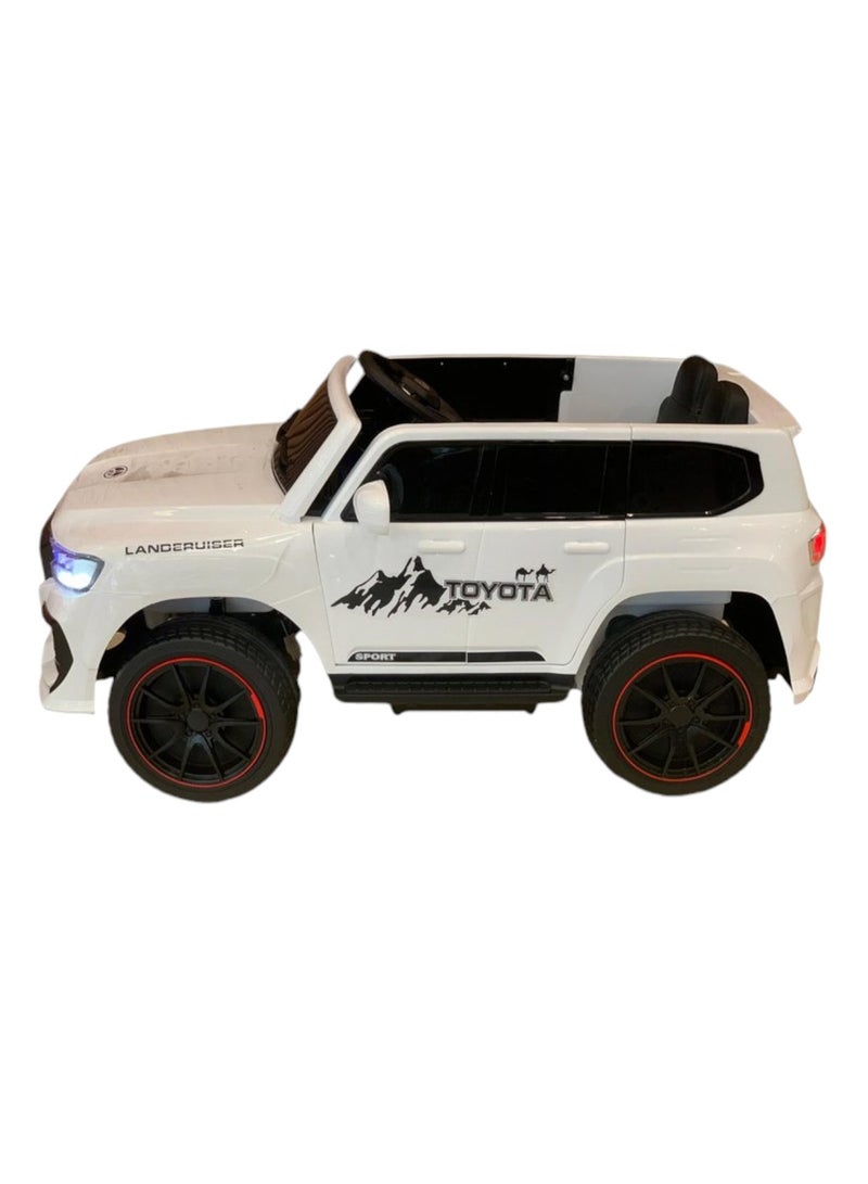 Toyota Land Cruiser 12V Ride-On Car for Kids with Leather Seat, Rubber Wheels, Bluetooth Remote Control, MP3, USB, SD, Flashing LED Lights, and Open/Close Doors.