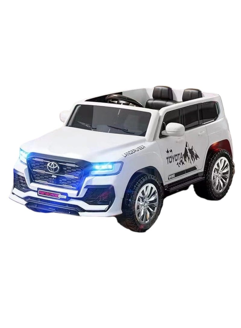 Toyota Land Cruiser 12V Ride-On Car for Kids with Leather Seat, Rubber Wheels, Bluetooth Remote Control, MP3, USB, SD, Flashing LED Lights, and Open/Close Doors.