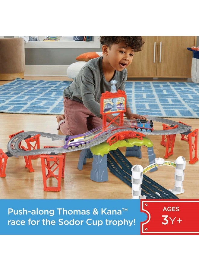 Diecast Toy Train Set Race For The Sodor Cup With Thomas & Kana Engines & Track For Preschool Kids Ages 3+ Years