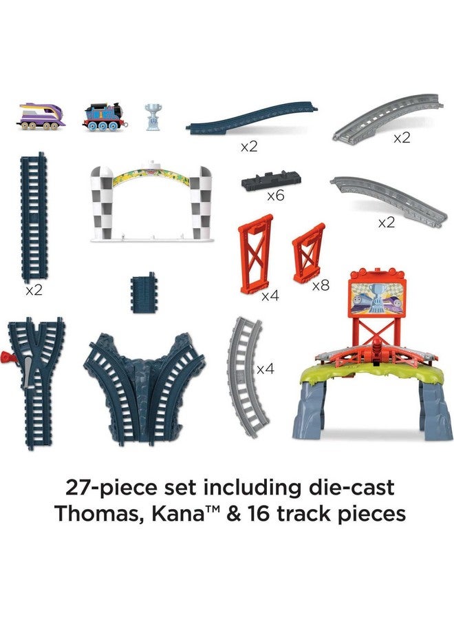 Diecast Toy Train Set Race For The Sodor Cup With Thomas & Kana Engines & Track For Preschool Kids Ages 3+ Years