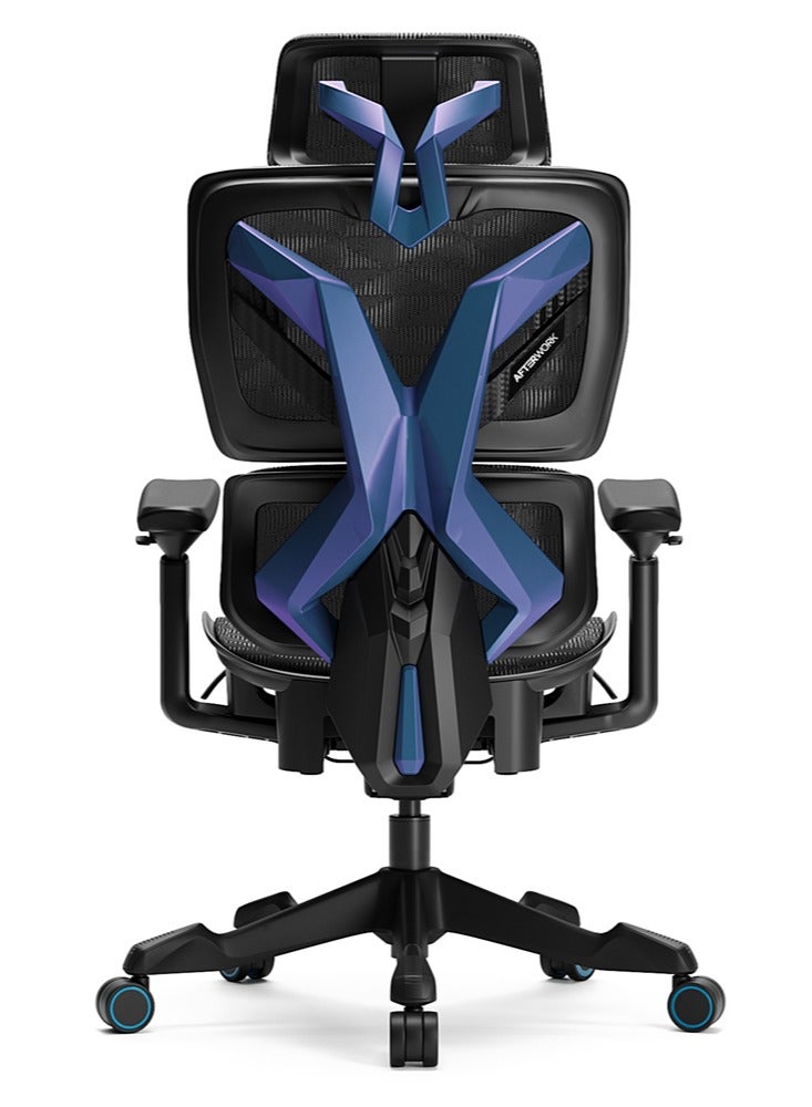 Xyrion Super Ergonomic Gaming Chair with Footrest - 3D Adjustable Headrest, Adaptive Backrest, 4-Position Tilt Lock, Breathable Mesh, and Silent Castors - Black & Blue