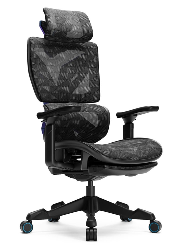 Xyrion Super Ergonomic Gaming Chair with Footrest - 3D Adjustable Headrest, Adaptive Backrest, 4-Position Tilt Lock, Breathable Mesh, and Silent Castors - Black & Blue