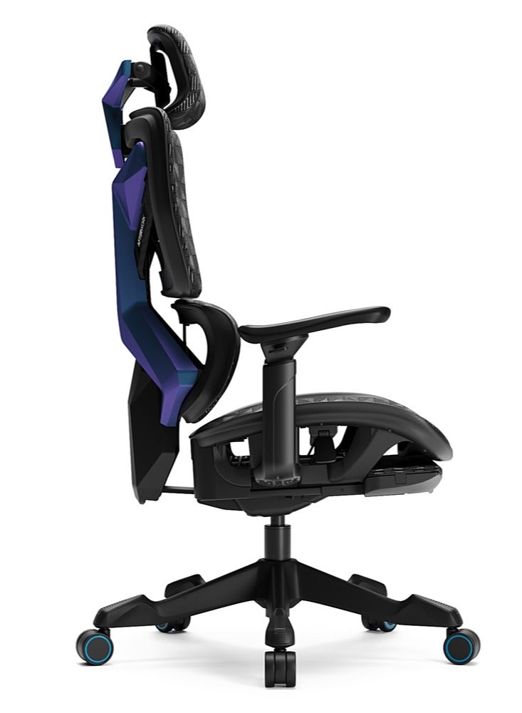 Xyrion Super Ergonomic Gaming Chair with Footrest - 3D Adjustable Headrest, Adaptive Backrest, 4-Position Tilt Lock, Breathable Mesh, and Silent Castors - Black & Blue