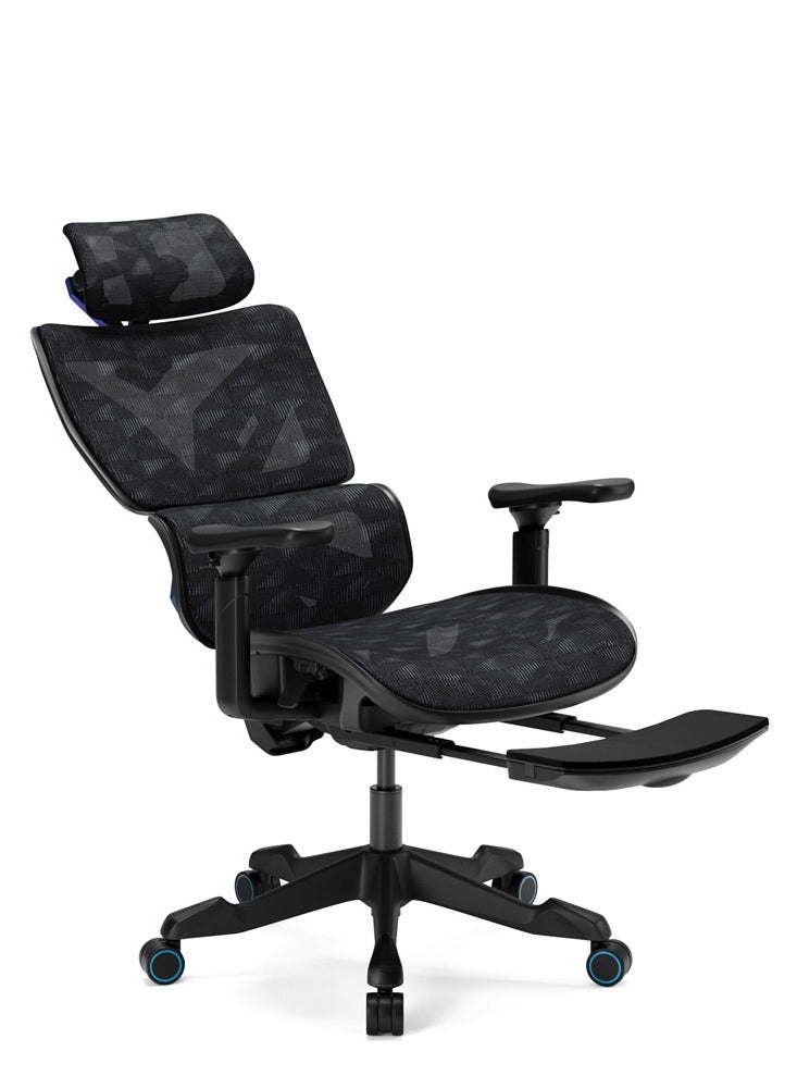 Xyrion Super Ergonomic Gaming Chair with Footrest - 3D Adjustable Headrest, Adaptive Backrest, 4-Position Tilt Lock, Breathable Mesh, and Silent Castors - Black & Blue