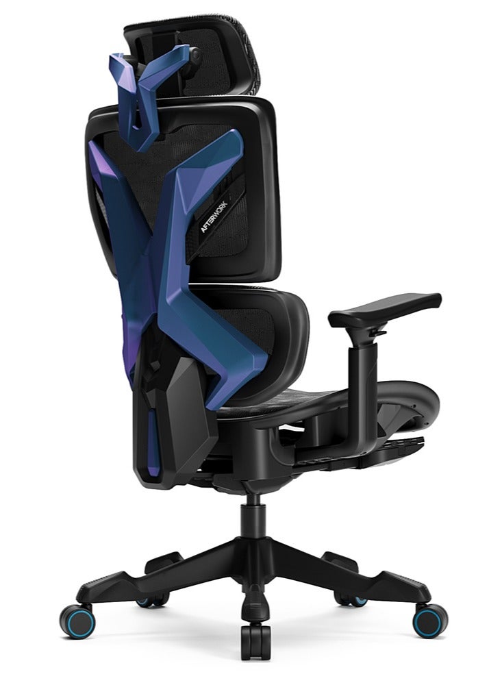 Xyrion Super Ergonomic Gaming Chair with Footrest - 3D Adjustable Headrest, Adaptive Backrest, 4-Position Tilt Lock, Breathable Mesh, and Silent Castors - Black & Blue