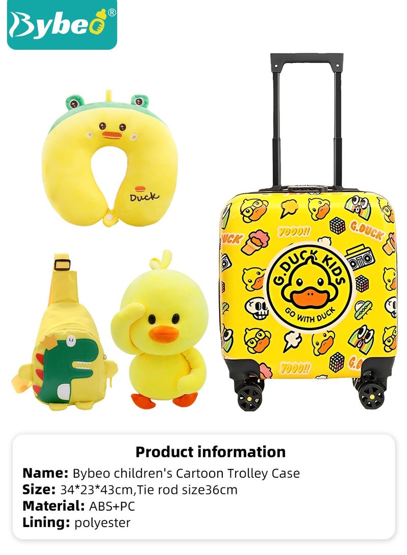 ﻿4Pcs Cartoon Children's Luggage Set, Kids Travel Suitcase with Universal Wheels for Boys and Girls, Toddler Rolling Suitcase with Telescopic Handle, with Trolley Bag, U-shaped pillow, and duck doll