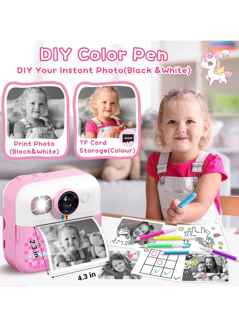 Kids Instant Print Camera with 2.4-Inch Screen, 1080P HD Video, Selfie Function, 32GB SD Card, and Print Paper – Perfect Birthday Gift for Kids Ages 3-12