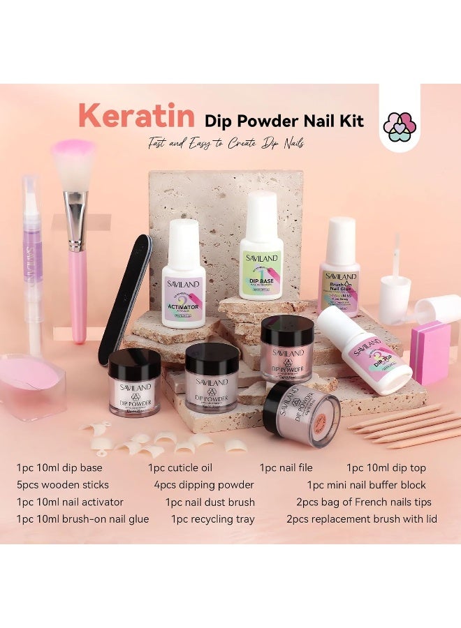 Dip Powder Nail Kit: Keratin French Nails Tips Dipping Powder Pink Dark Nudes Clear Base Top Activator Nail Glue Nail Tools Cuticle Oil Nail Art Strengthen Repairing Beginner Diy Nail Salon