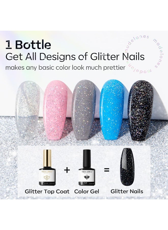 Glitter Gel Top Coat, Iridescent Silver Mix Glitter Gel Polish No Wipe Top Coat Glossy Sparkly Finish Long Lasting Soak Off Rainbow Shimmer Glitter Gel Nail Polish Nail Art Gift, 10Ml