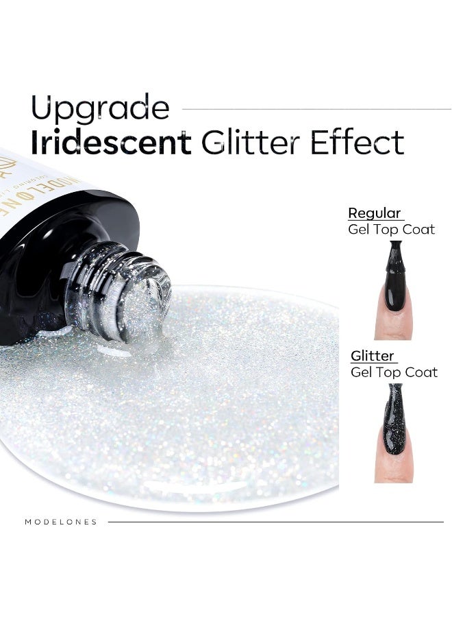 Glitter Gel Top Coat, Iridescent Silver Mix Glitter Gel Polish No Wipe Top Coat Glossy Sparkly Finish Long Lasting Soak Off Rainbow Shimmer Glitter Gel Nail Polish Nail Art Gift, 10Ml