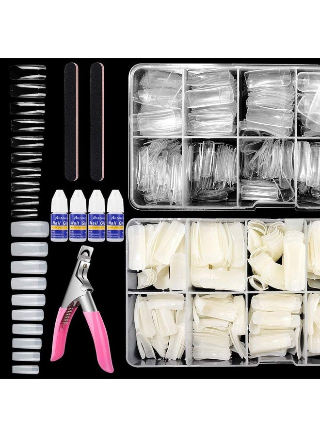 200Pcs Square Nail Tips And Glue, Clear Natural False Acrylic Nail Tips, Half Cover 10 Sizes French Artificial Nail Tips Manicure With Nail Clipper, Nail Files And Glue For Dip Powder