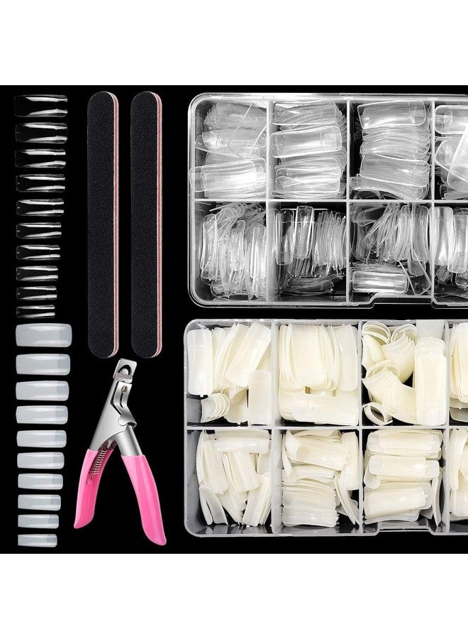 200Pcs Square Nail Tips For Acrylic Nails Professional, Fake Clear Natural Acrylic Short Square French Artificial Nail Tips Half Cover With Acrylic Nail Clipper, 2Pcs Nail Files