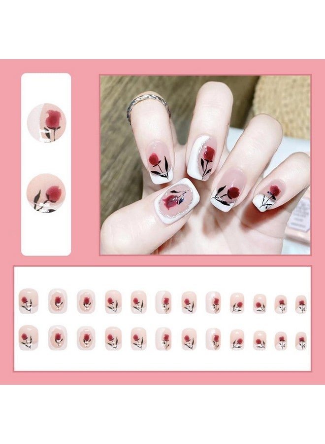 Floral French Manicure Rose Fake Nails - 24 Shiny Diy Nail Set