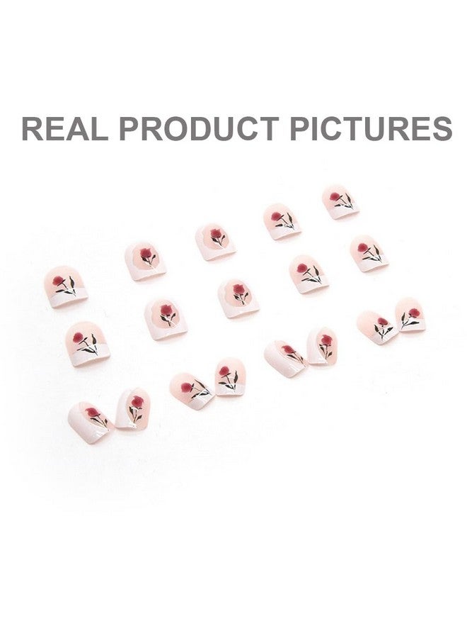 Floral French Manicure Rose Fake Nails - 24 Shiny Diy Nail Set