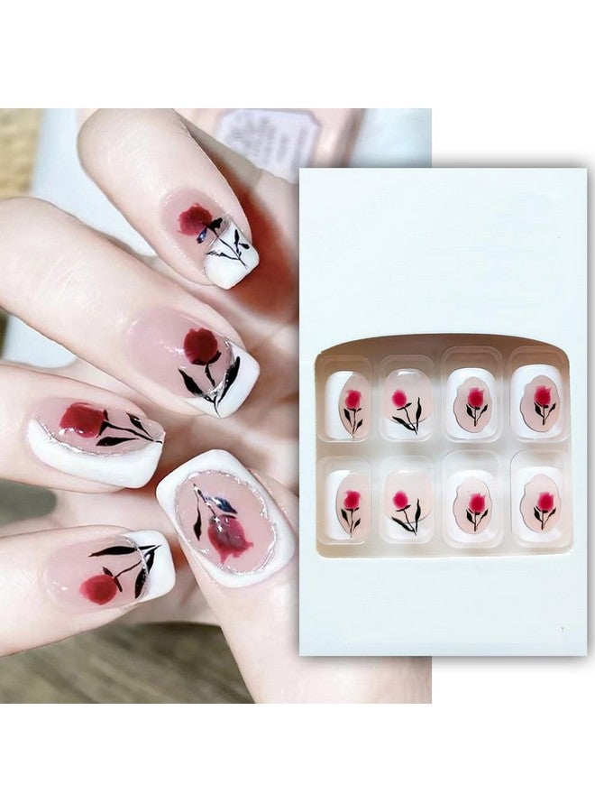 Floral French Manicure Rose Fake Nails - 24 Shiny Diy Nail Set