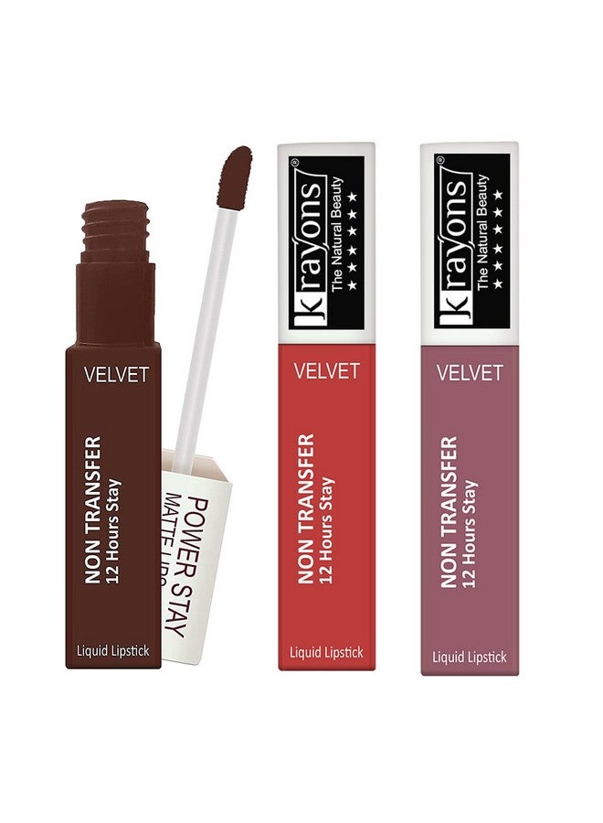 Power Stay Nontransfer 12Hrs Stay Matte Liquid Lipstick, Longlasting, 4Ml Each, Combo (Pack Of 3) (Caramel, Burnt Orange, Mauve Glaze)