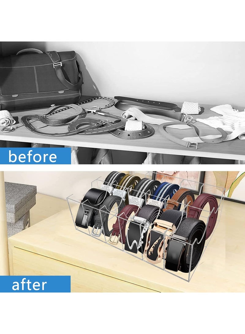 Belt Organizer, Acrylic 12 Compartments Belt Container Storage Holder, Acrylic Belt Display Storage Box, Clear Belt Display Case for Closet Tie and Bow Watch Jewelry Bracelets