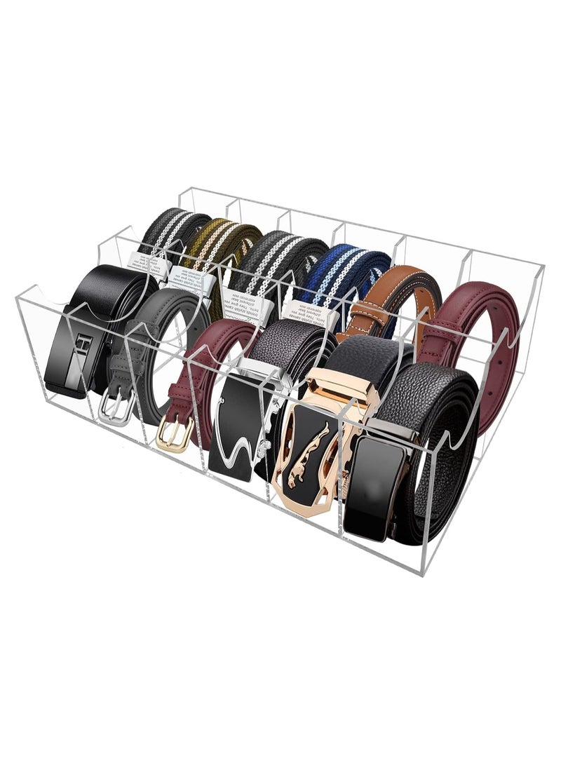 Belt Organizer, Acrylic 12 Compartments Belt Container Storage Holder, Acrylic Belt Display Storage Box, Clear Belt Display Case for Closet Tie and Bow Watch Jewelry Bracelets