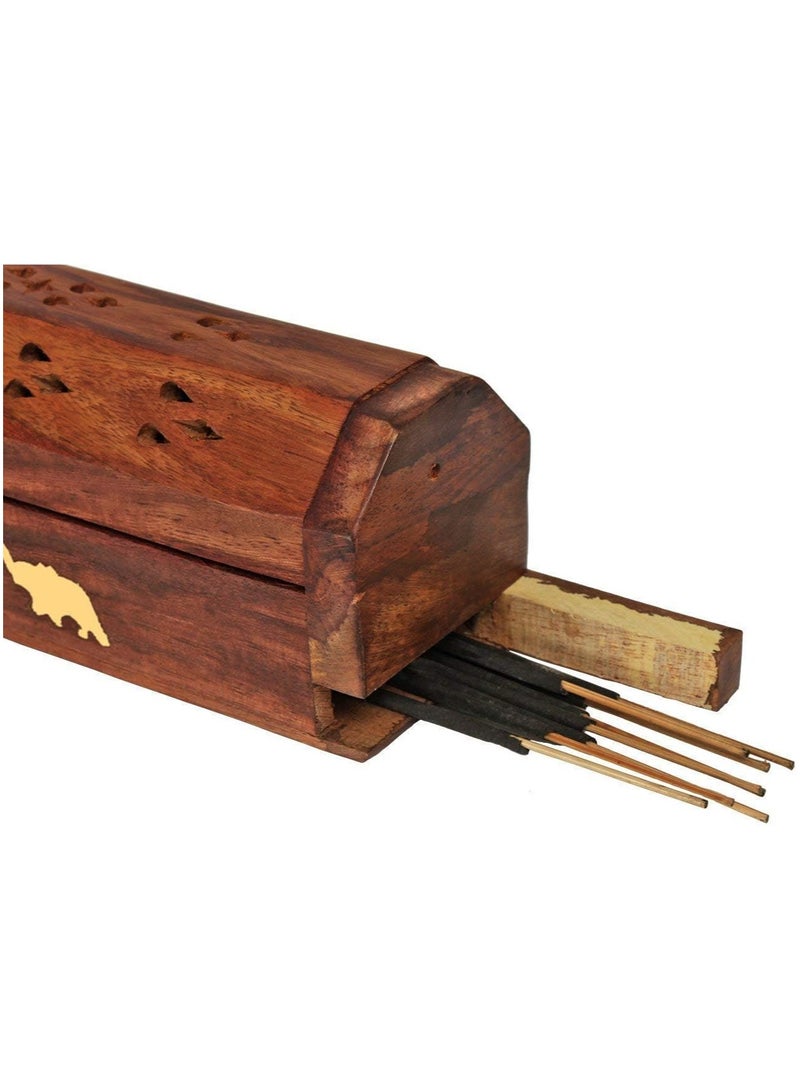 Wood and Brass Agarbatti Holder Dhoop Agarbatti Stick Wooden Box Holder Stand with Ash Catcher