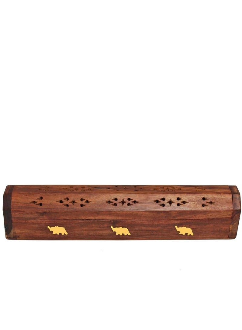 Wood and Brass Agarbatti Holder Dhoop Agarbatti Stick Wooden Box Holder Stand with Ash Catcher