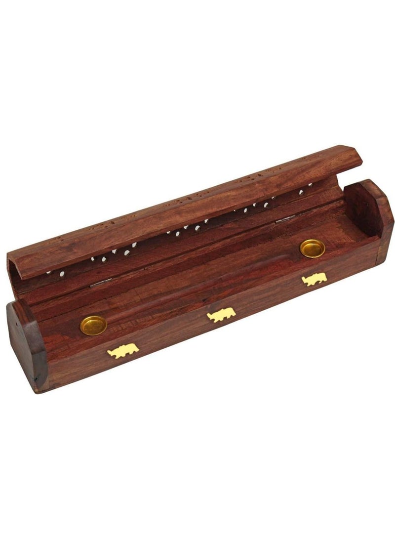 Wood and Brass Agarbatti Holder Dhoop Agarbatti Stick Wooden Box Holder Stand with Ash Catcher