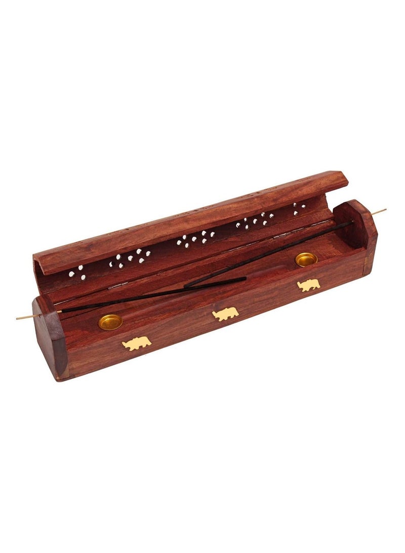 Wood and Brass Agarbatti Holder Dhoop Agarbatti Stick Wooden Box Holder Stand with Ash Catcher