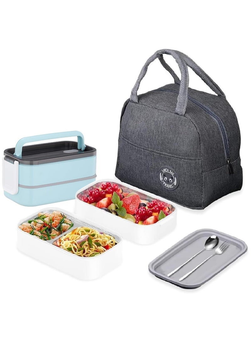 Stainless Steel Lunch Box - Insulated Bento Box Multifunctional Containers Food Containers with 2 Compartments,Tableware, Nylon insulation bag (Blue)