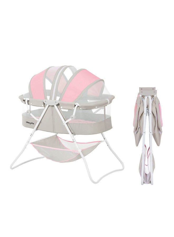 Karley Baby Bassinet In Grey And Pink, Lightweight Portable, Quick Fold And Easy To Carry , Adjustable Double Canopy, Indoor And Outdoor With Large Storage Basket.