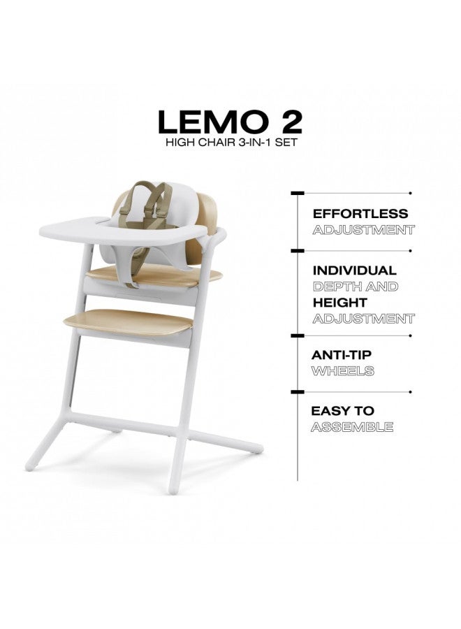 Lemo High Chair With Modern Design, Easy One Hand Depth And Height Adjustment, Anti-Tip Wheels, And Easy Assembly, Convertible To Adult Chair, Sand White
