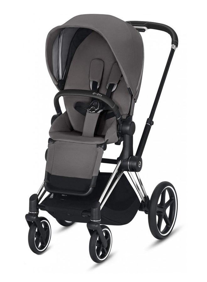 Priam 3 Complete Stroller, One-Hand Compact Fold, Reversible Seat, Smooth Ride All-Wheel Suspension, Extra Storage, Adjustable Leg Rest, Manhattan Grey With Chrome Black Frame