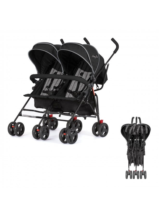 Volgo Twin Umbrella Stroller In Black, Lightweight Double Stroller For Infant & Toddler, Compact Easy Fold, Large Storage Basket, Large And Adjustable Canopy