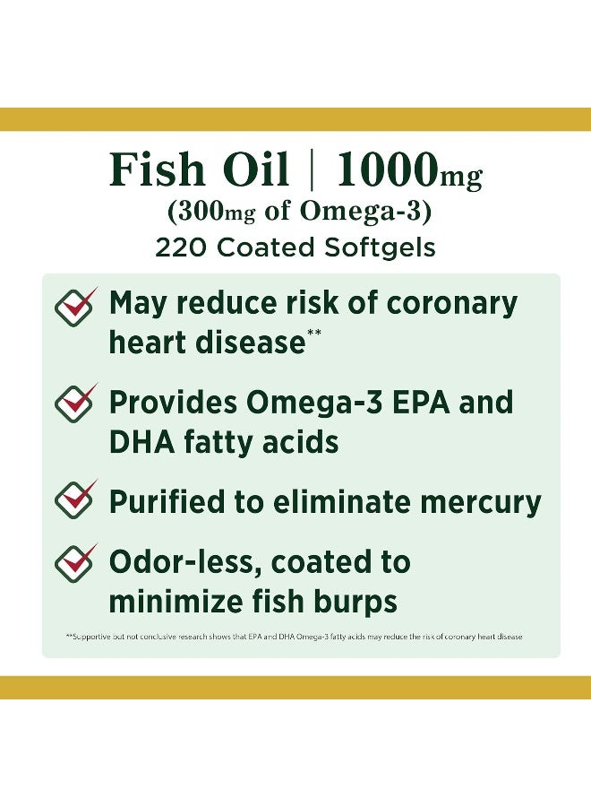 Fish Oil Dietary Supplement Omega 3 Supports Heart Health 1000 Mg 220 Coated Softgels