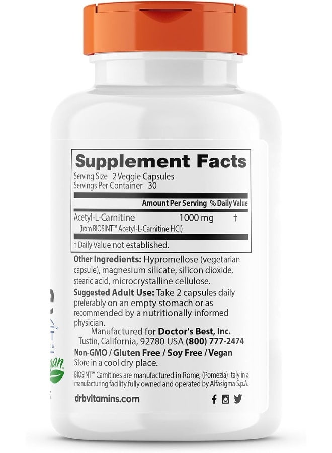 Acetyl L-Carnitine Help Boost Energy Production Support Memory/Focus Mood Non-Gmo Vegan Gluten Free
