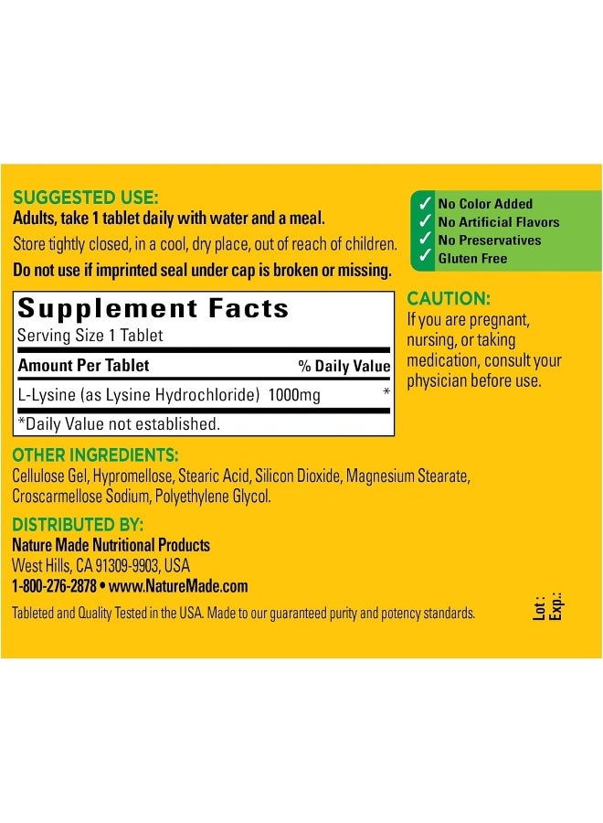 Nature Made L-Lysine 1000 mg, Dietary Supplement, 60 Tablets, 60 Day Supply