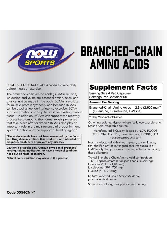 Sports Nutrition Branched Chain Amino Acids With Leucine Isoleucine And Valine 240 Veg Capsules