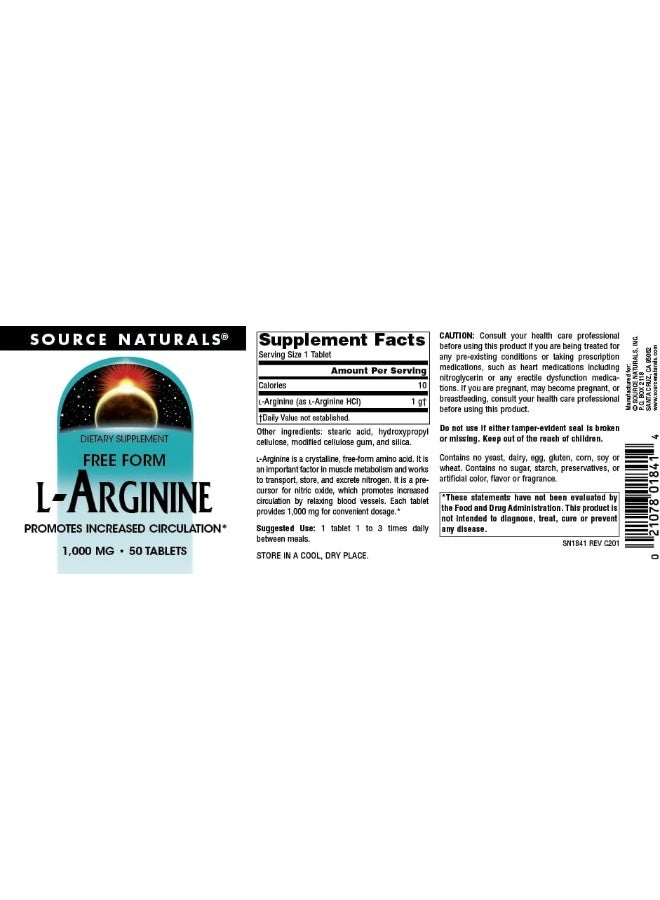 L Arginine 1000 Mg Free Form And Promotes Increased Circulation Supports Cardiovascular Health 50 Tablets Multi