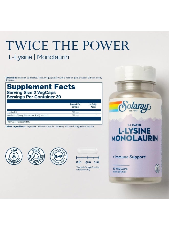 L-Lysine Monolaurin 1:1 Ratio Nutritional Supplement 60 Vegetarian Capsules