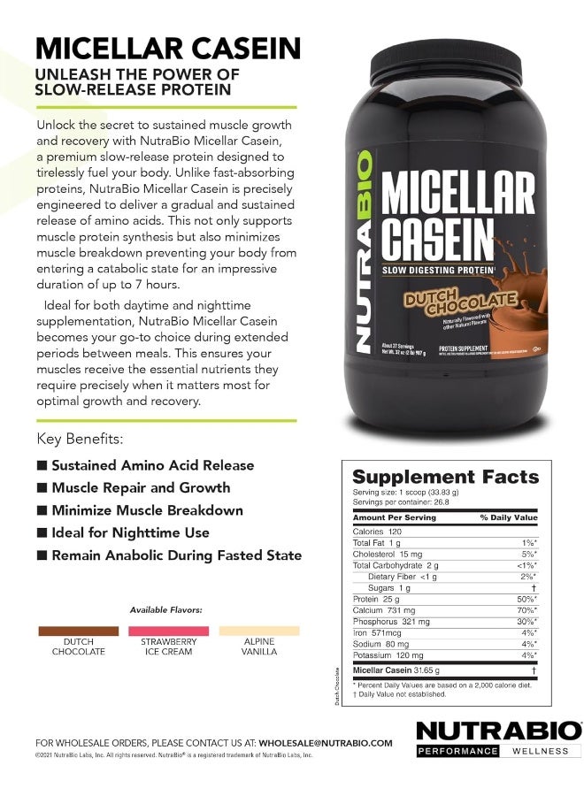 Nutrabio Micellar Casein Protein Powder Alpine Vanilla 2 Lbs.