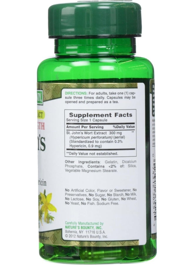 Nature's Bounty St. John's Wort Pills and Herbal Health Supplement, 300mg, 100 Capsules, Gelatin, Dicalcium Phosphate, Silica, Vegetable Magnesium Stearate