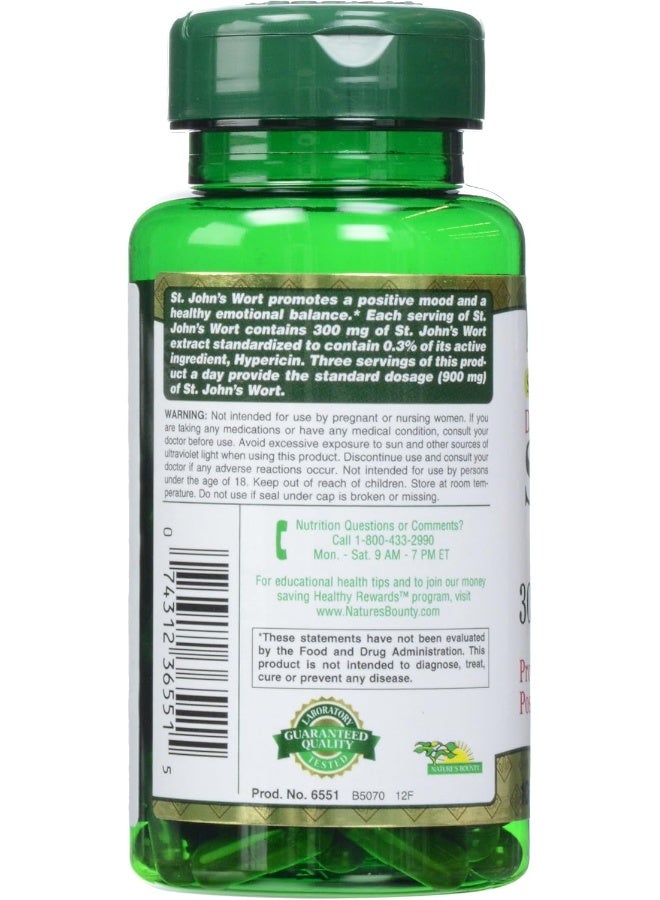Nature's Bounty St. John's Wort Pills and Herbal Health Supplement, 300mg, 100 Capsules, Gelatin, Dicalcium Phosphate, Silica, Vegetable Magnesium Stearate