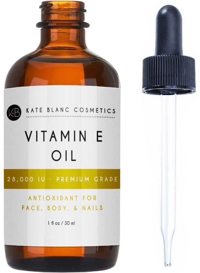 Vitamin E Oil By Kate Blanc. Moisturizes Face And Skin. 100% Pure, Extra Strength. 28,000 Iu, Premium Grade, Antioxidants. Reduce Appearance Of Scars, Wrinkles, Dark Spots. 1-Year Warranty. (4 Oz)