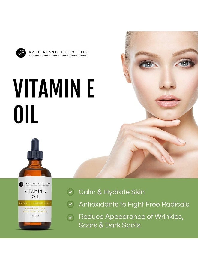 Vitamin E Oil By Kate Blanc. Moisturizes Face And Skin. 100% Pure, Extra Strength. 28,000 Iu, Premium Grade, Antioxidants. Reduce Appearance Of Scars, Wrinkles, Dark Spots. 1-Year Warranty. (4 Oz)