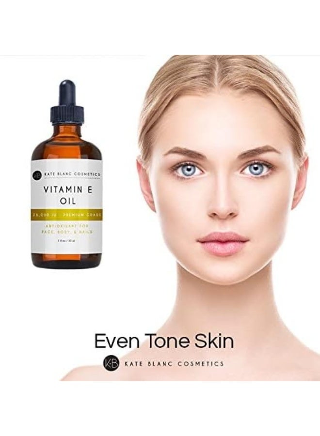 Vitamin E Oil By Kate Blanc. Moisturizes Face And Skin. 100% Pure, Extra Strength. 28,000 Iu, Premium Grade, Antioxidants. Reduce Appearance Of Scars, Wrinkles, Dark Spots. 1-Year Warranty. (4 Oz)