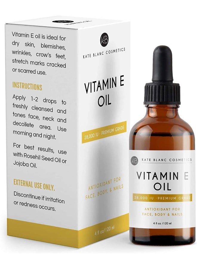 Vitamin E Oil By Kate Blanc. Moisturizes Face And Skin. 100% Pure, Extra Strength. 28,000 Iu, Premium Grade, Antioxidants. Reduce Appearance Of Scars, Wrinkles, Dark Spots. 1-Year Warranty. (4 Oz)