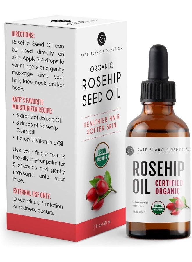 Rosehip Oil (1Oz) By Kate Blanc. Usda Certified Organic, 100% Pure, Cold Pressed, Unrefined. Reduce Acne Scars. Essential Oil For Face, Nails, Hair, And Skin. Therapeutic Aaa+ Grade