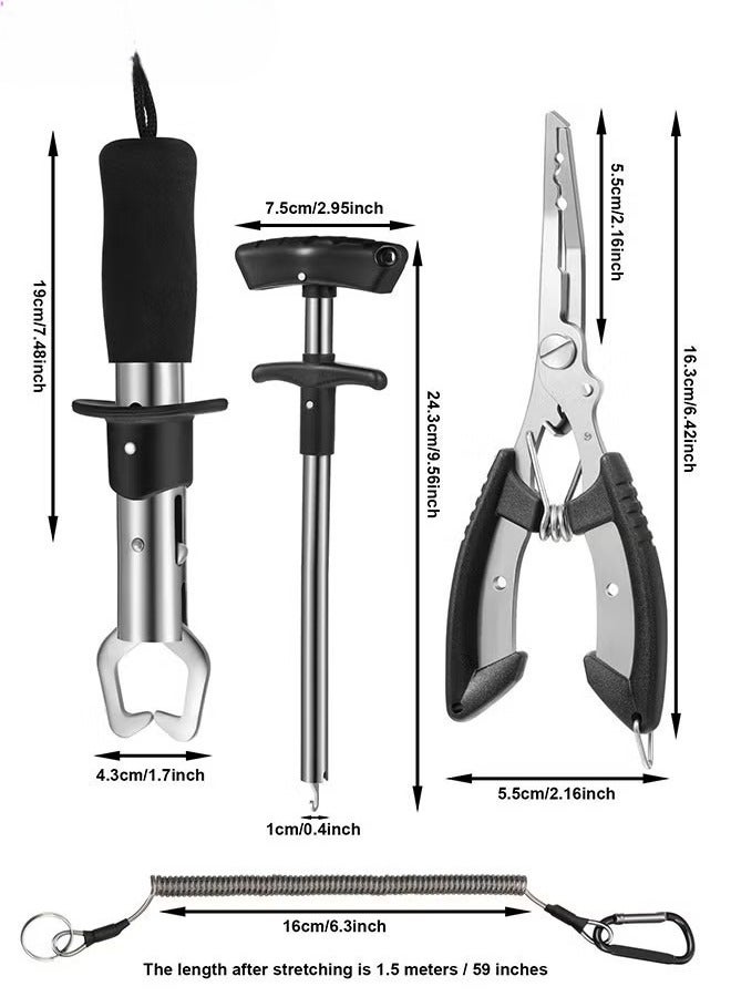 5 Pcs Fishing Tool Kit, Fishing Pliers, Fish Lip Gripper or Fish Scale Combo Saltwater Resistant Fishing Tools, Fishing Gear with Rubber Handle, Lanyard Fish Hook Separator for Saltwater Freshwater