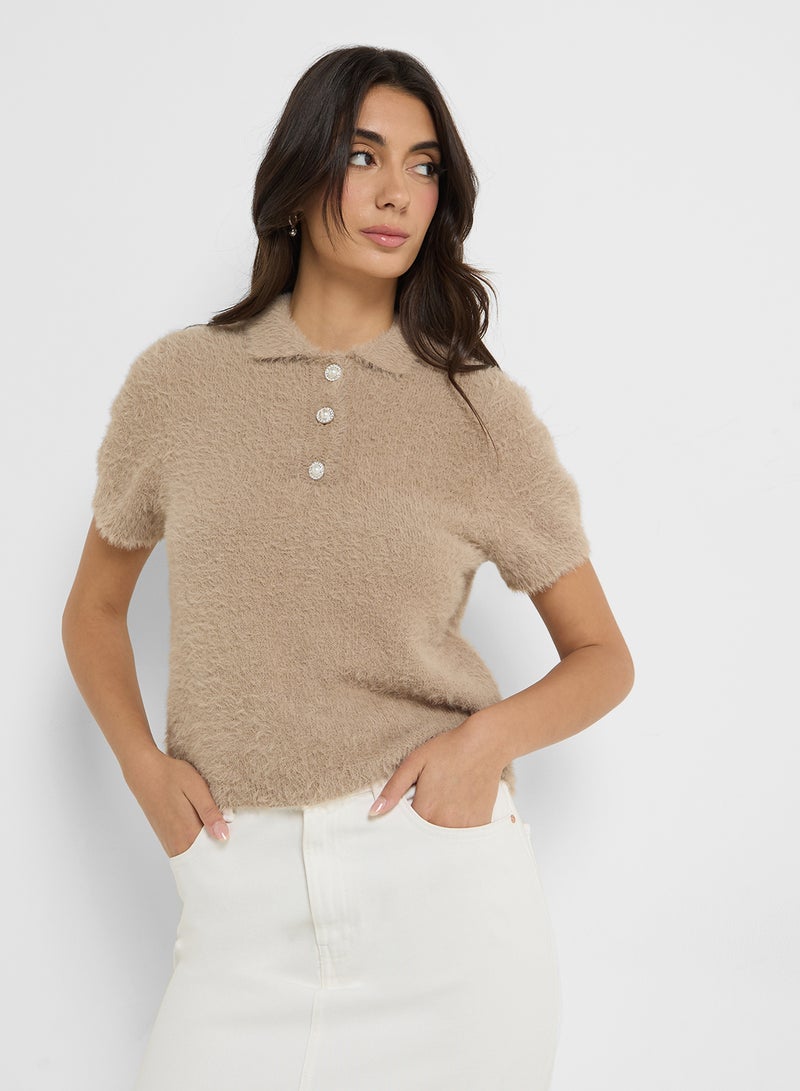 Buttoned Neck Knitted Sweater