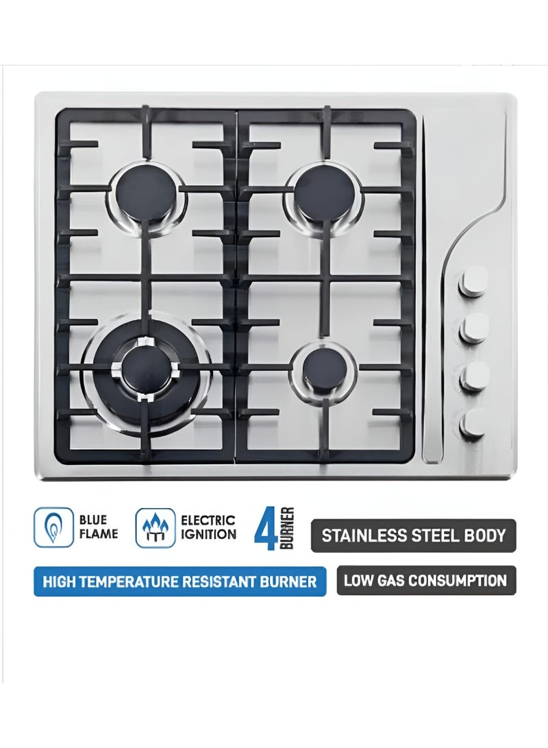 4-Burner Gas Stove with Stainless Steel Body – Heavy Duty Cast Iron Burners, Blue Flame Ignition, Heat-Resistant Cooktop – Durable, Efficient Gas Hob for Fast & Even Cooking in Home Kitchens