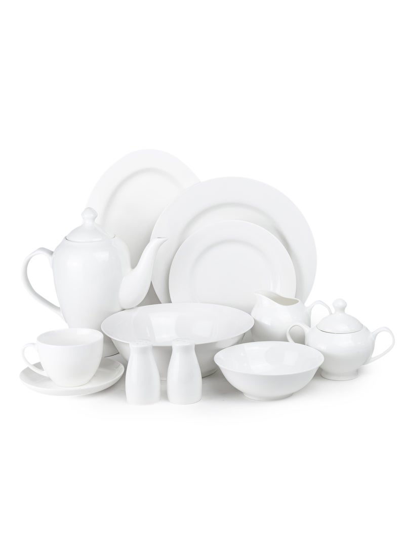 Shallow 47-Piece Bone China Dinnerware Set White Dinner Set for 8 | Dinner Plates, Dessert Plates Tea Cups Saucers Bowls Salad Bowl Oval Platter Tea Pot Sugar Pot Creamer Salt & Pepper Shakers