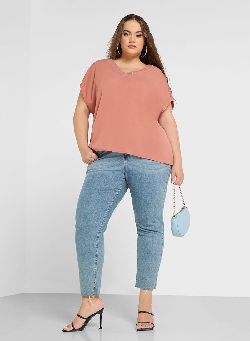 V Neck Embro Detail Blouse